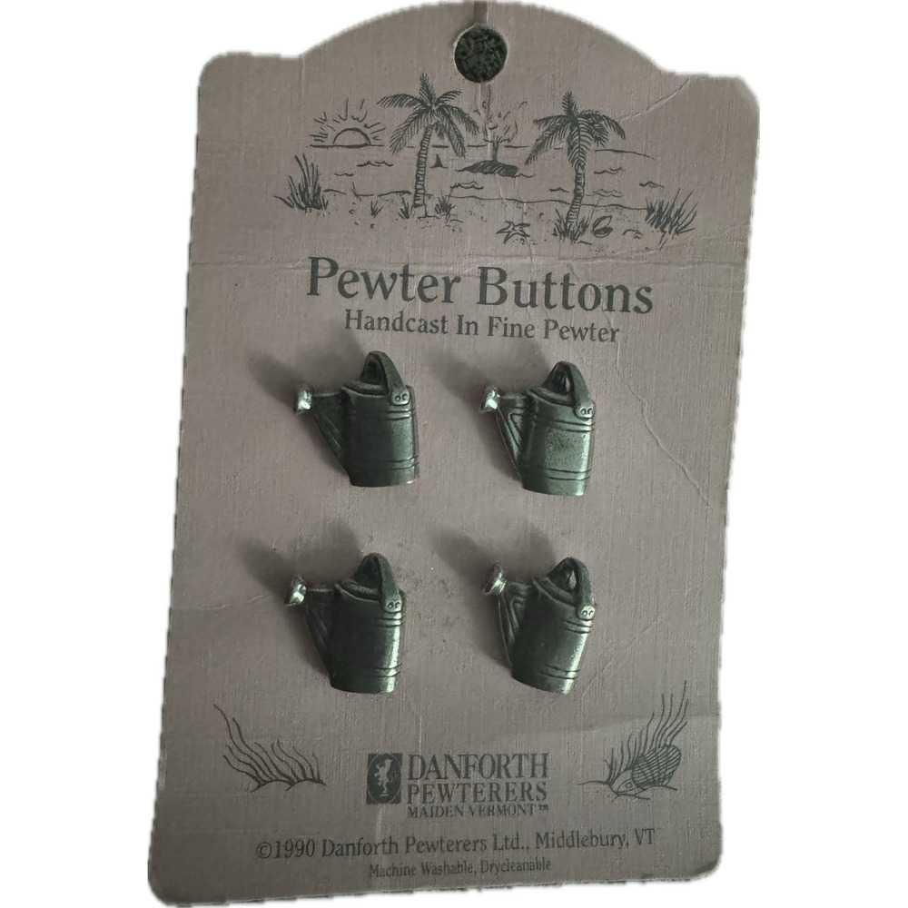 Danforth Pewterers Watering Can Pewter Buttons Vintage 1990 Handcast Set of 4
